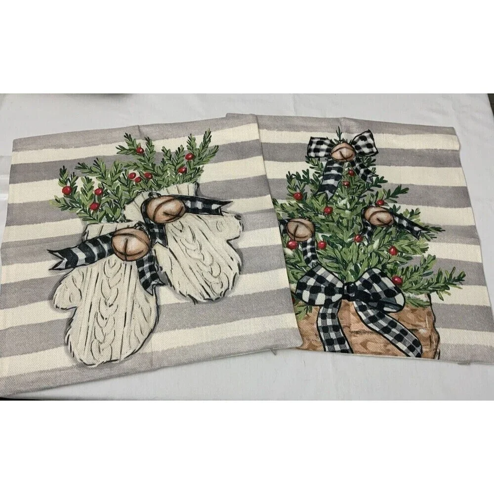 Lof of 2 Mittens Sleigh Bells Holly Pillow Covers 18